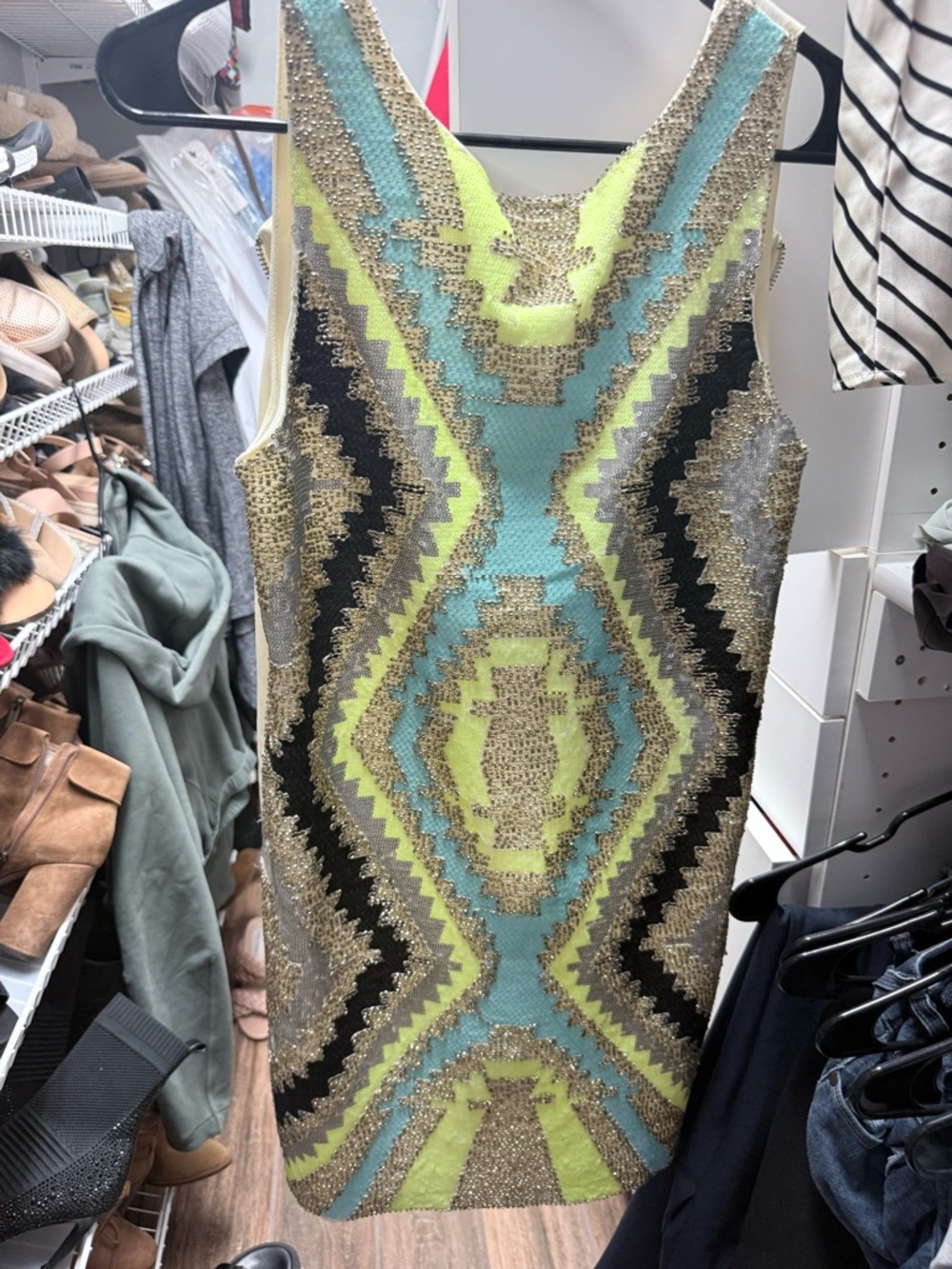 Harper Beaded Sequin Geometric Mini Dress Neon Tribal Bodycon Size Small